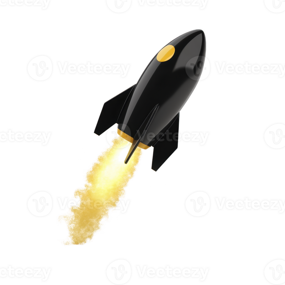 sleek black rocket with yellow accent is launching into space, leaving fiery trail behind. dynamic design and vibrant colors convey sense of adventure and exploration png