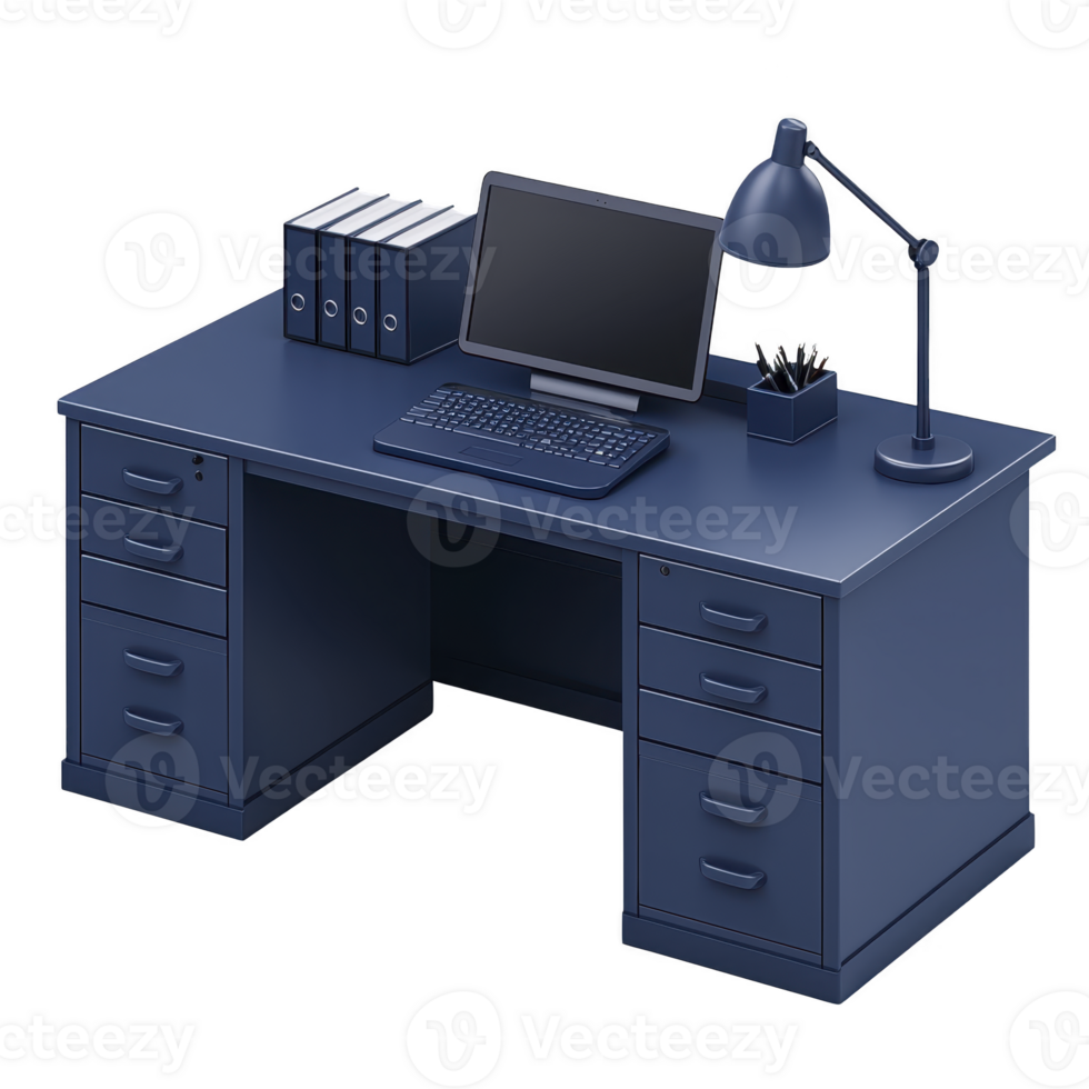 sleek, modern office desk with computer, keyboard, desk lamp, and organized files creates professional workspace. blue color scheme adds touch of elegance png