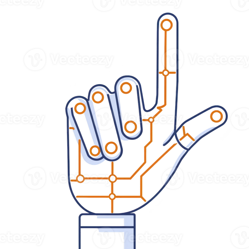 This features stylized illustration of robotic hand with circuit patterns, pointing upwards. design combines technology and futuristic elements, symbolizing innovation and advancement png