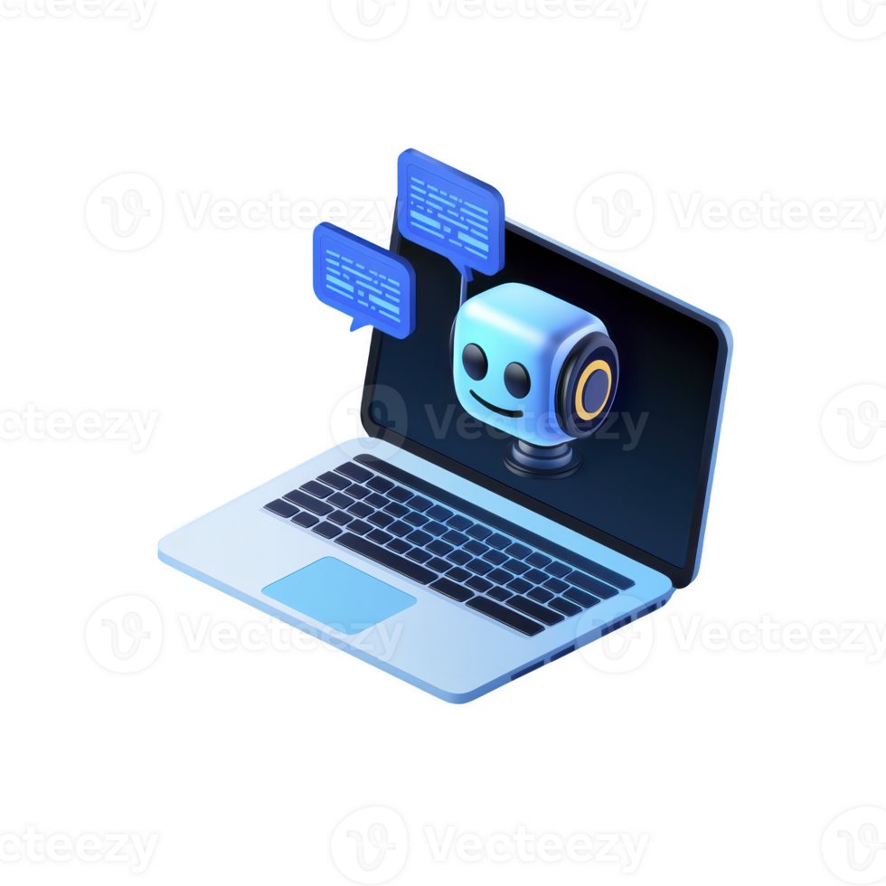 friendly robot icon appears on laptop screen, symbolizing AI communication and technology. digital interaction is highlighted by speech bubbles, emphasizing innovation and connectivity png