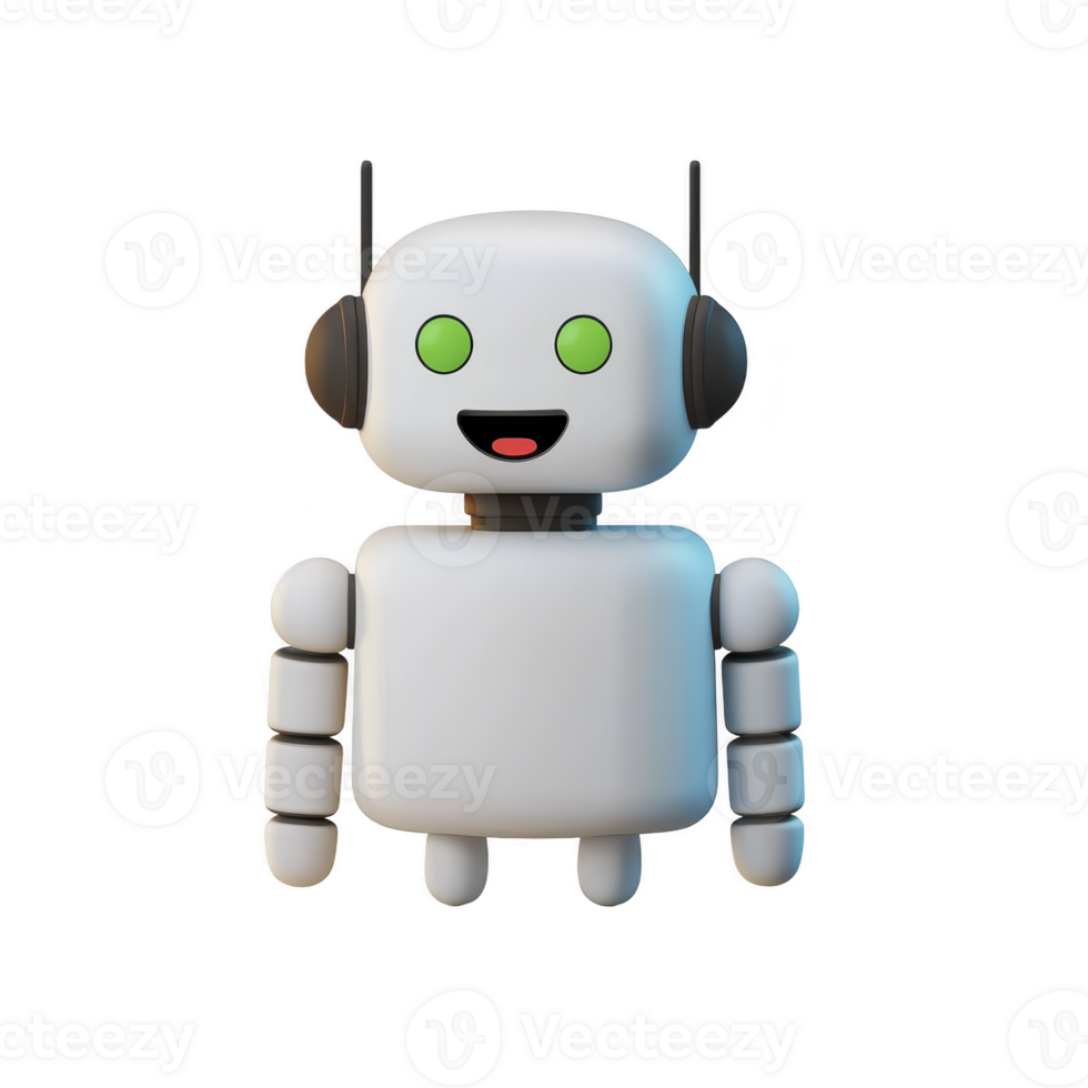 cute, smiling robot with green eyes and antennae stands against transparency background, showcasing friendly and approachable design png
