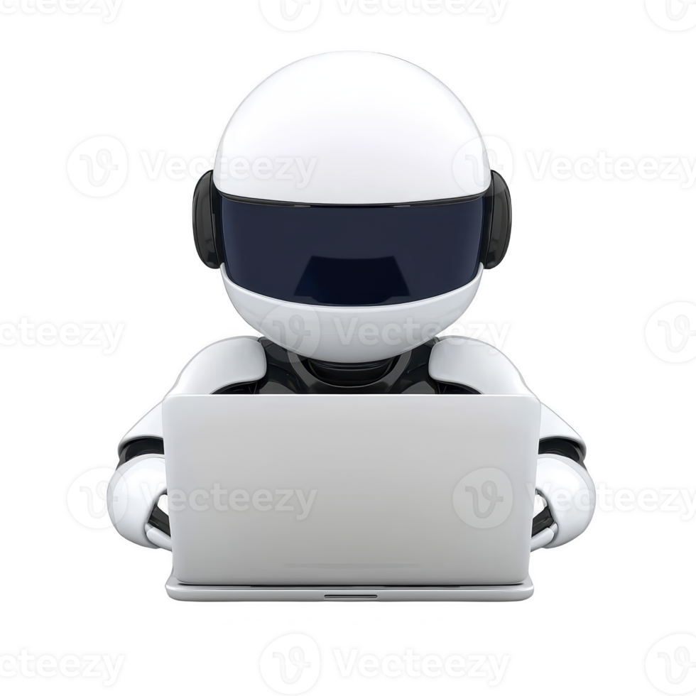 futuristic robot with sleek white and black design is sitting at desk, focused on working with laptop. robot visor gives it modern, high tech appearance png