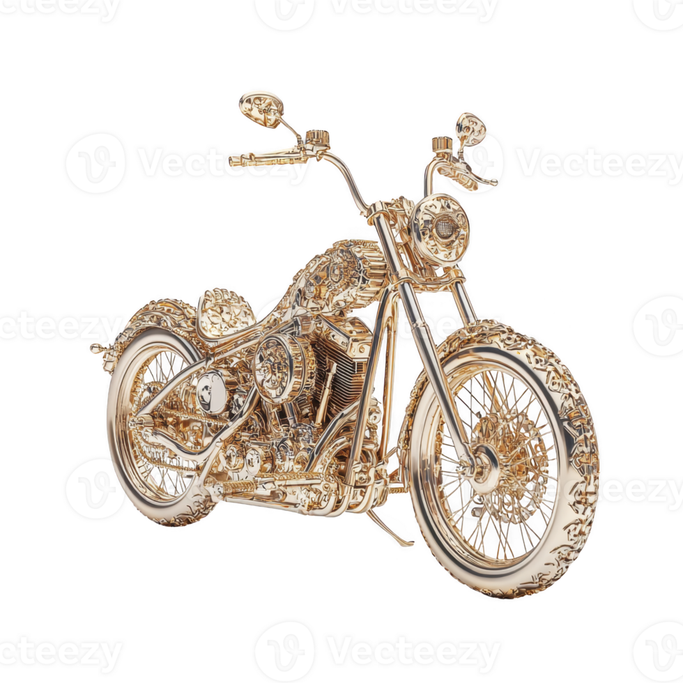 luxurious, intricately designed gold motorcycle with ornate detailing and classic chopper style, showcasing elegance and craftsmanship png