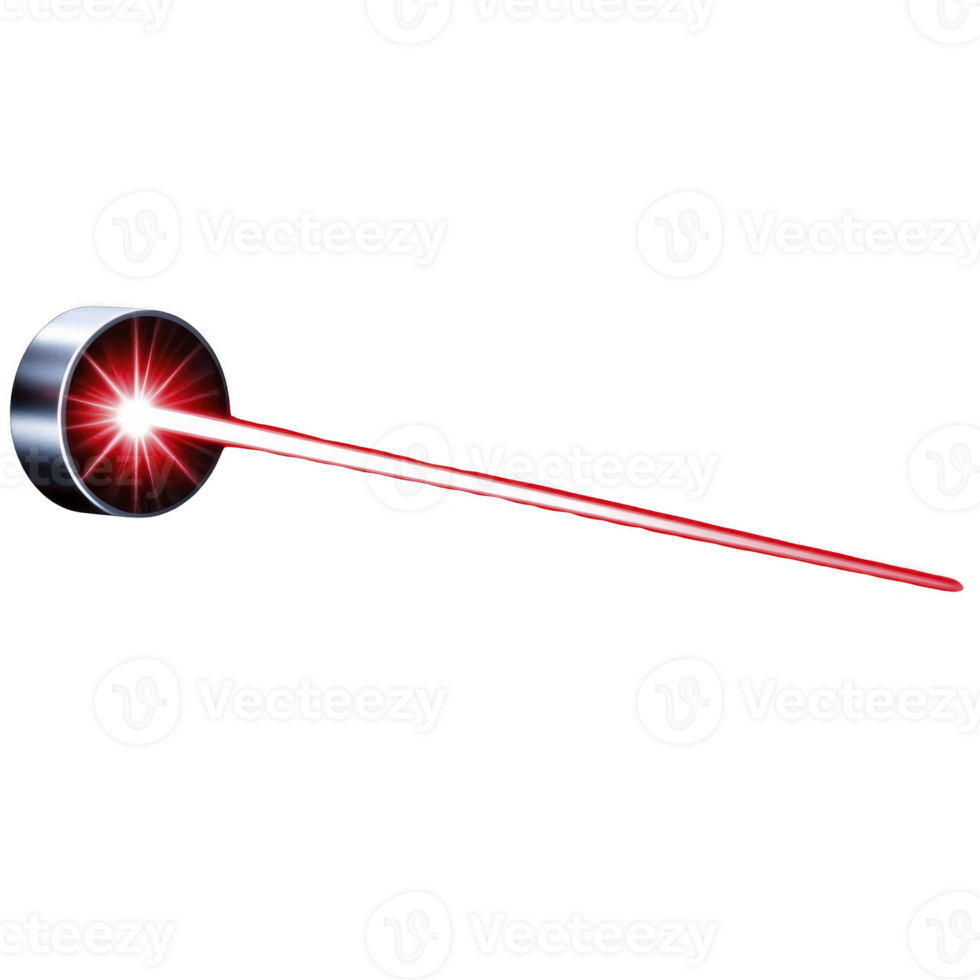 futuristic red laser beam emits from metallic circular device, creating sense of advanced technology and precision. glowing red light contrasts with sleek, reflective surface of device png