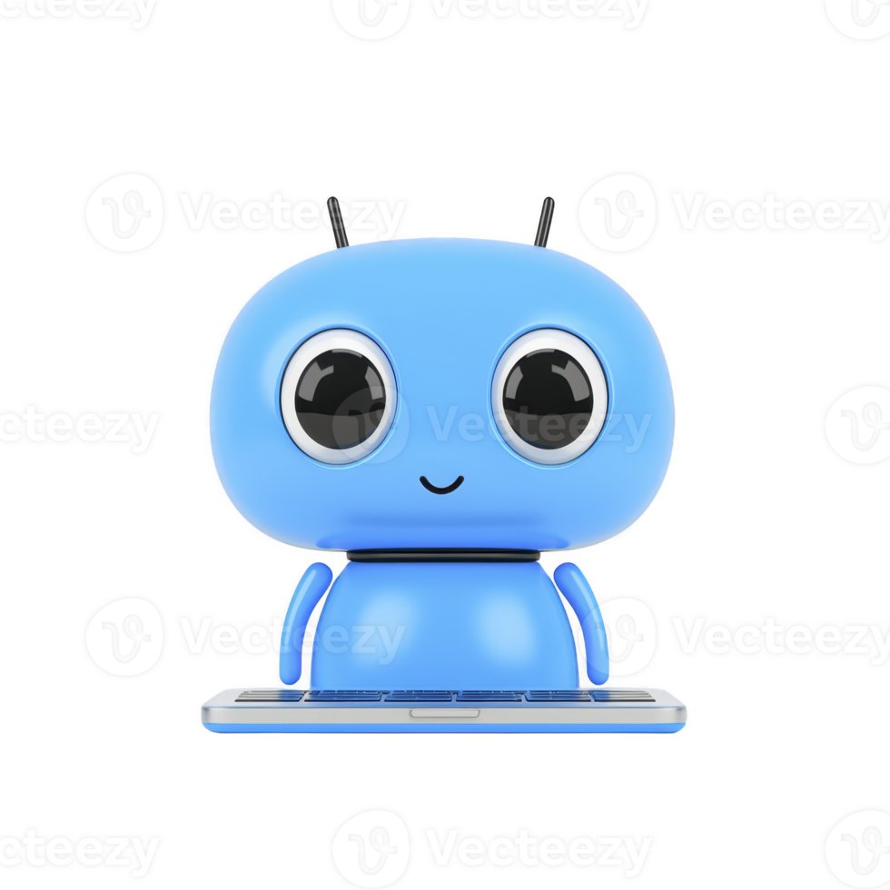 cute blue robot with large eyes sits happily in front of laptop, appearing ready to assist or learn. robot simple design and cheerful expression make it approachable and friendly png