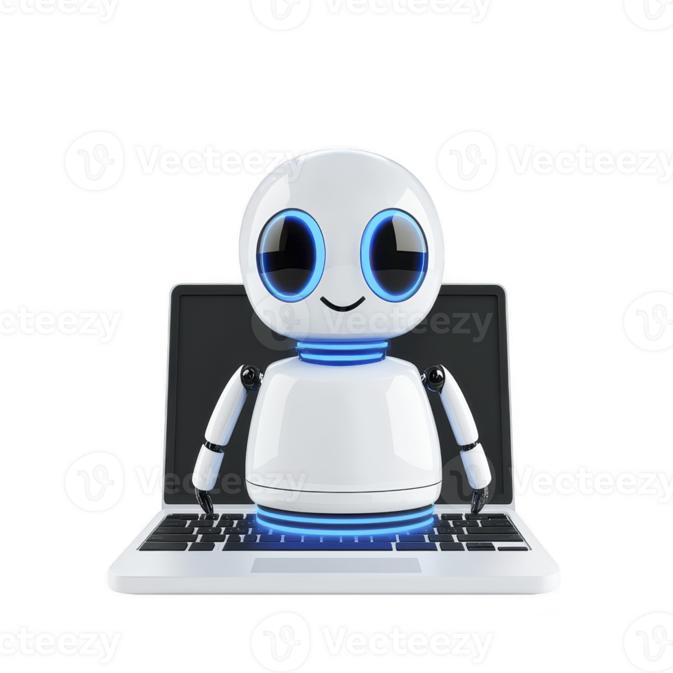 cute, futuristic robot with blue accents sits on laptop keyboard, showcasing technology and innovation. robot friendly design suggests artificial intelligence and digital interaction png