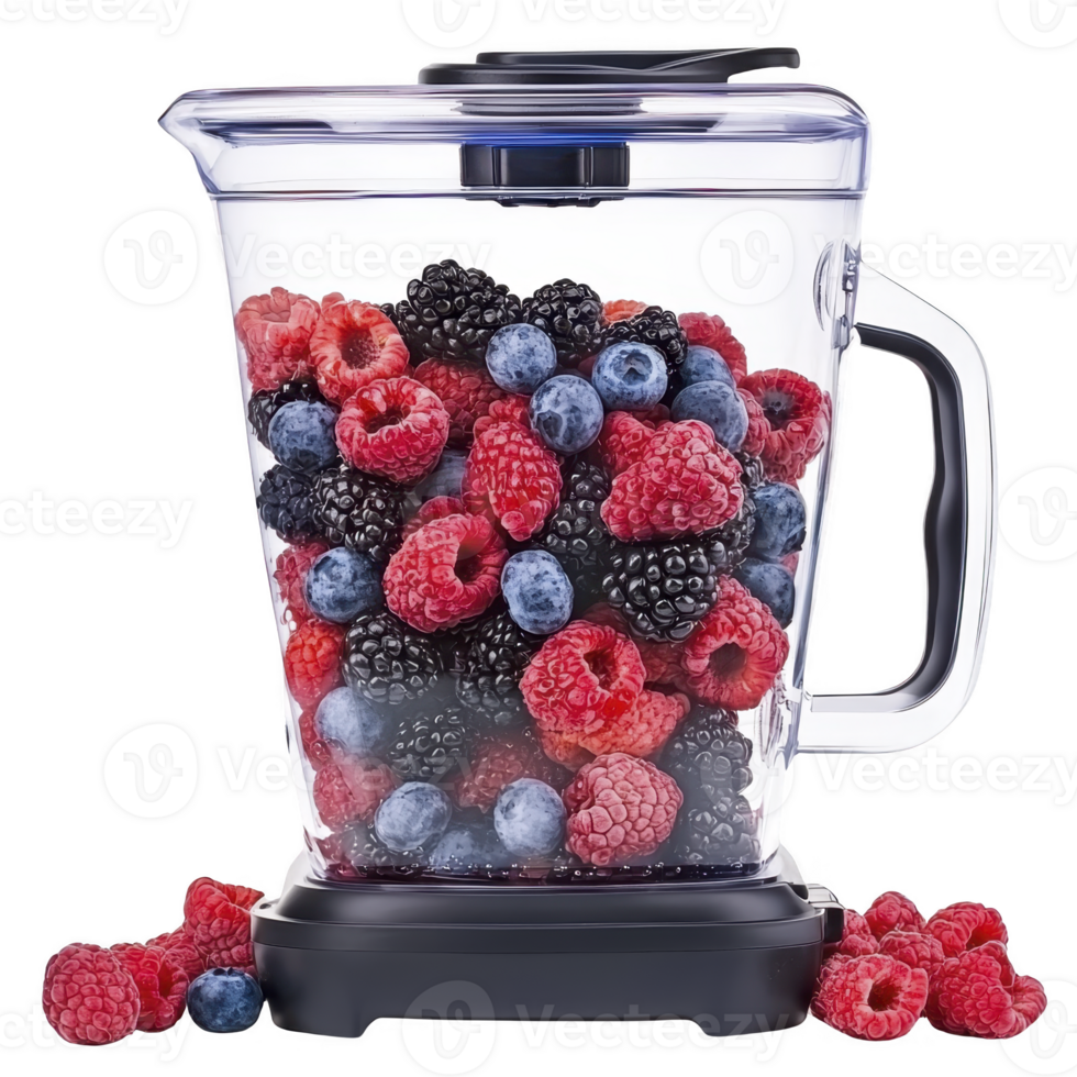 blender jar filled with fresh raspberries, blackberries, and blueberries sits on transparency background, showcasing vibrant mix of colors and textures png