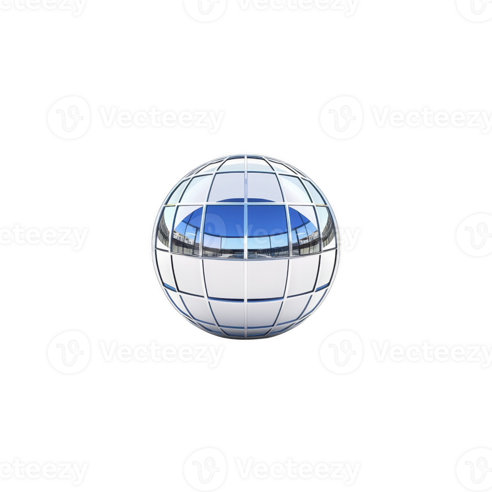 reflective glass sphere with grid pattern showcases modern architectural design, capturing blue sky and building reflections. sphere sleek surface and geometric lines create futuristic feel png