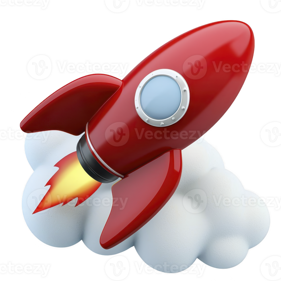 red cartoon rocket with circular window is launching into sky, leaving trail of smoke and fire. rocket vibrant color and playful design convey sense of excitement and adventure png