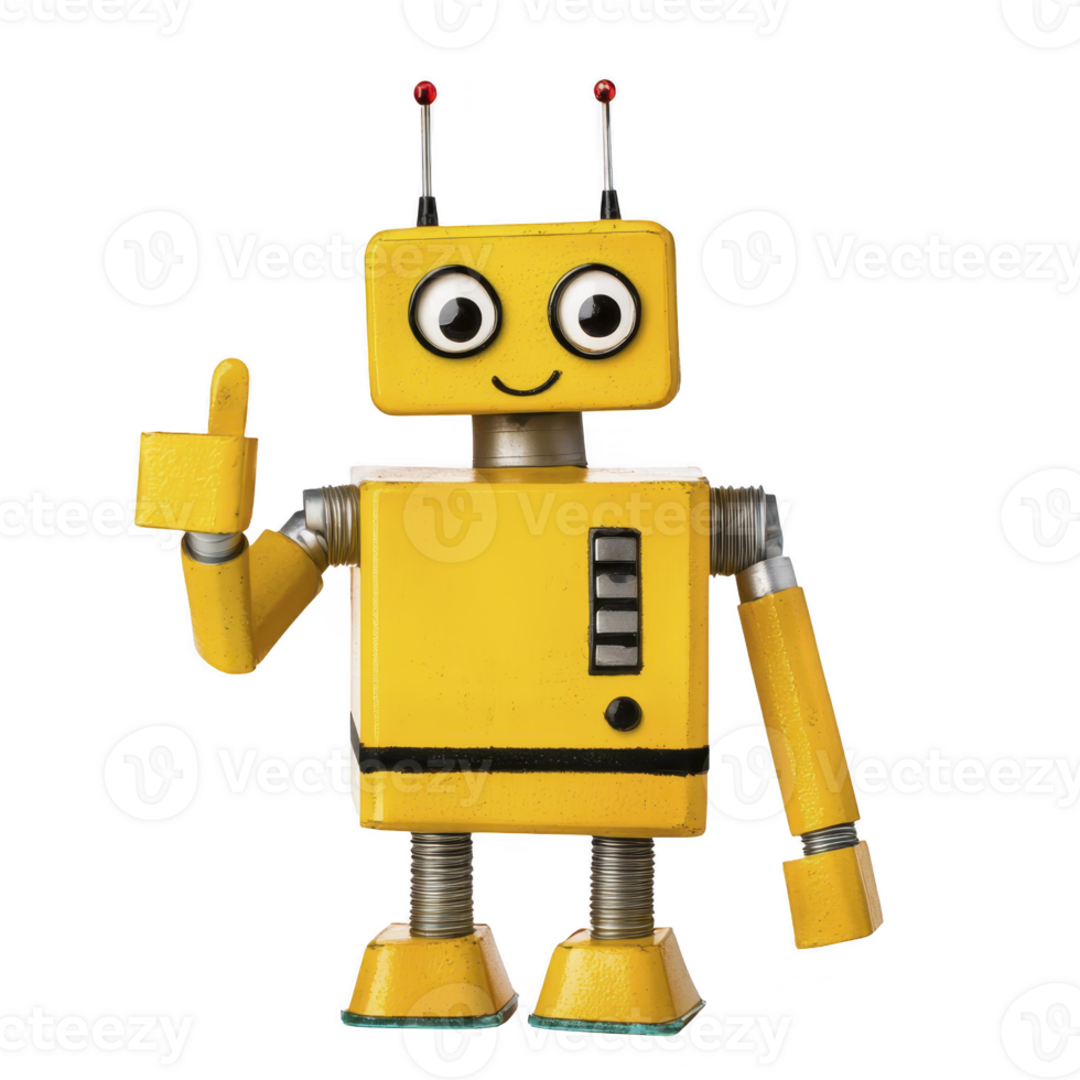 cheerful yellow robot with square head and body, featuring large eyes and antennas, gives thumbs up gesture. Its design is playful and friendly, with visible joints and buttons png