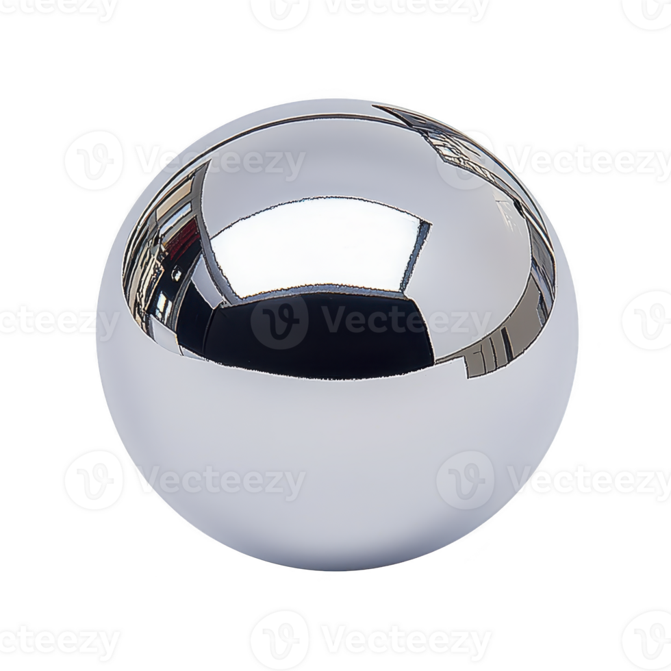 shiny, reflective silver sphere with smooth surface, capturing surrounding reflections. metallic ball is isolated on plain background, showcasing its glossy finish png