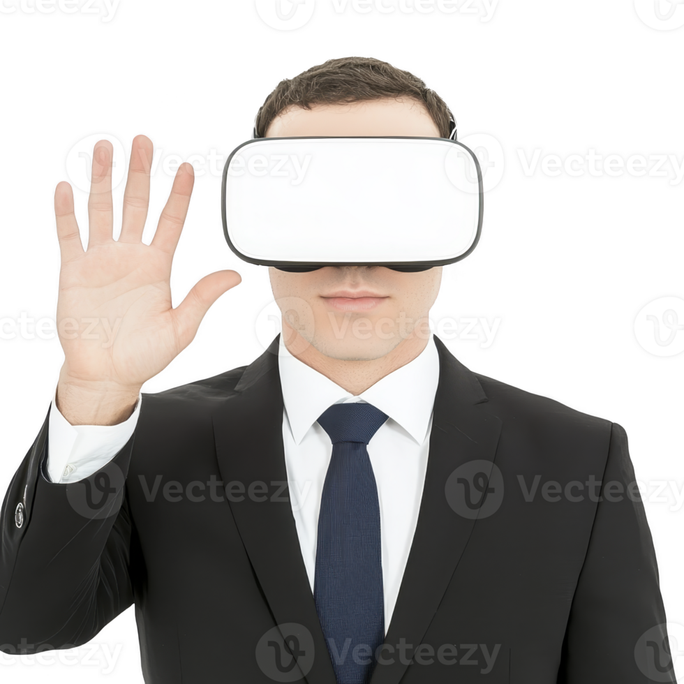 man in suit wearing virtual reality headset raises his hand, engaging with immersive technology. image conveys sense of innovation and futuristic interaction png