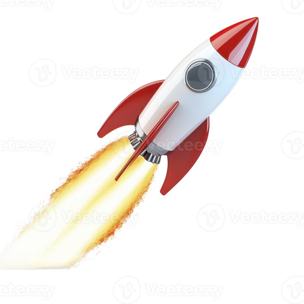 cartoon rocket with red fins and pointed nose cone is launching into space, leaving fiery trail behind. illustration captures sense of adventure and exploration png