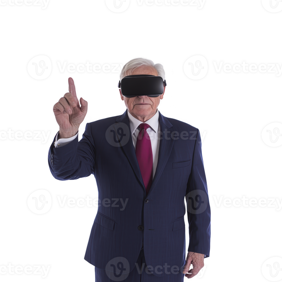 elderly man in suit and tie is wearing virtual reality goggles, pointing forward with focused expression, suggesting engagement with digital technology png