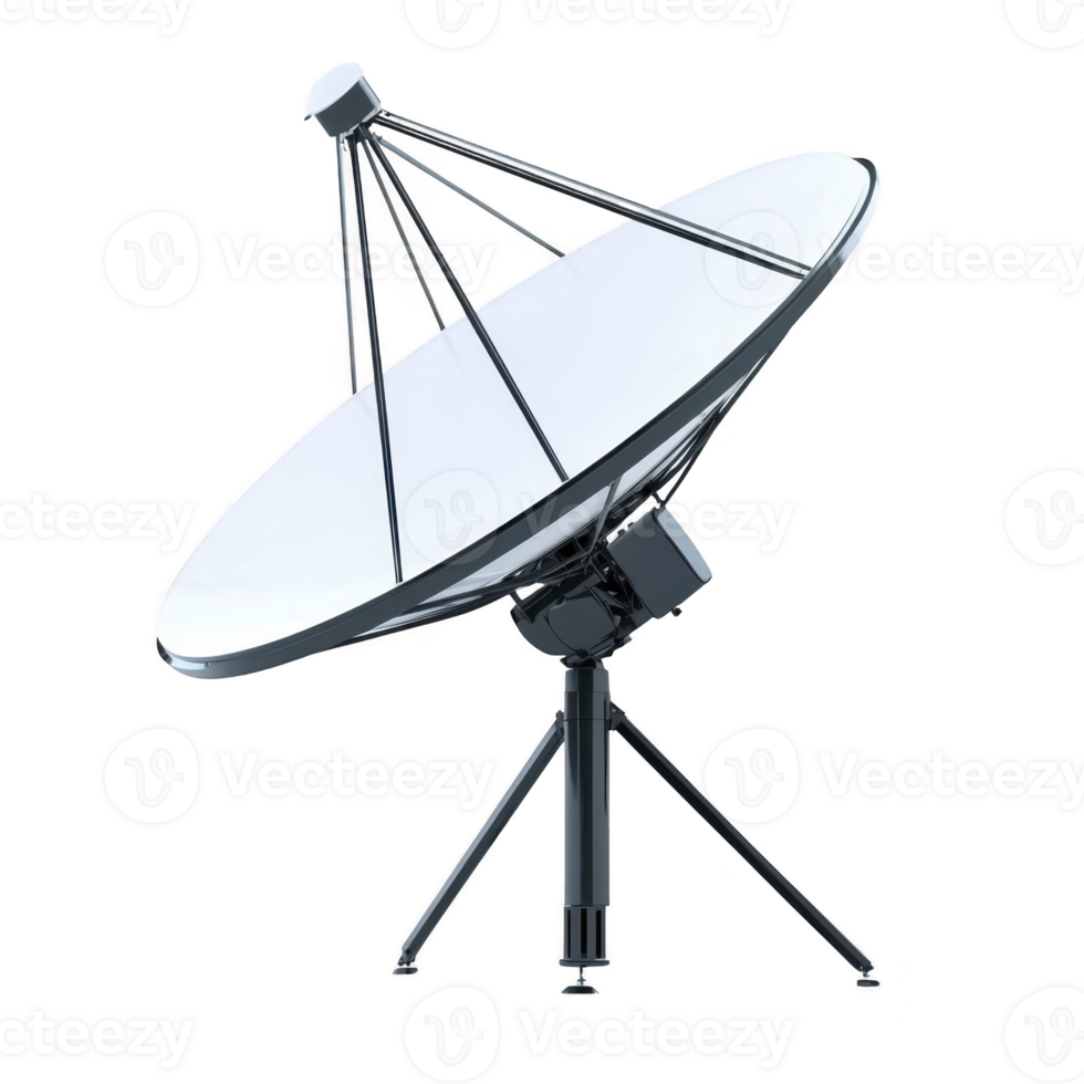 large satellite dish with reflective surface and metal framework stands on tripod, used for communication and data transmission png