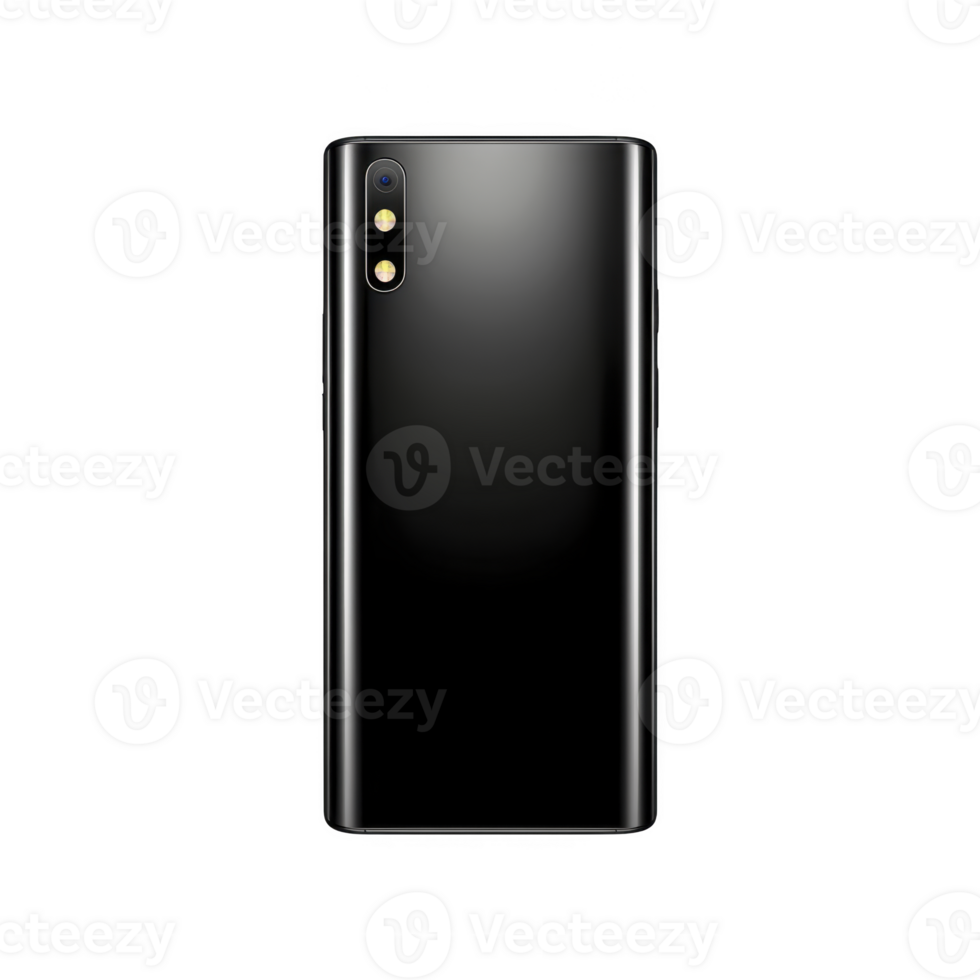 sleek black smartphone with dual camera setup and flash on back, featuring glossy finish and modern design. device is positioned vertically, showcasing its minimalist style png