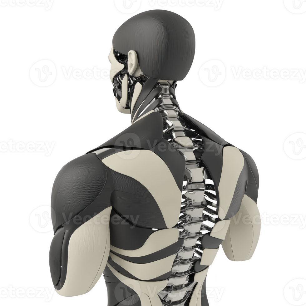 futuristic humanoid robot with visible mechanical spine and sleek design, showcasing advanced technology and innovation. robot structure is both functional and aesthetically striking png