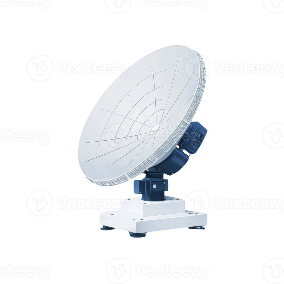 large white satellite dish with blue base is positioned on white platform, designed for communication and data transmission. dish features grid pattern and is angled upwards png