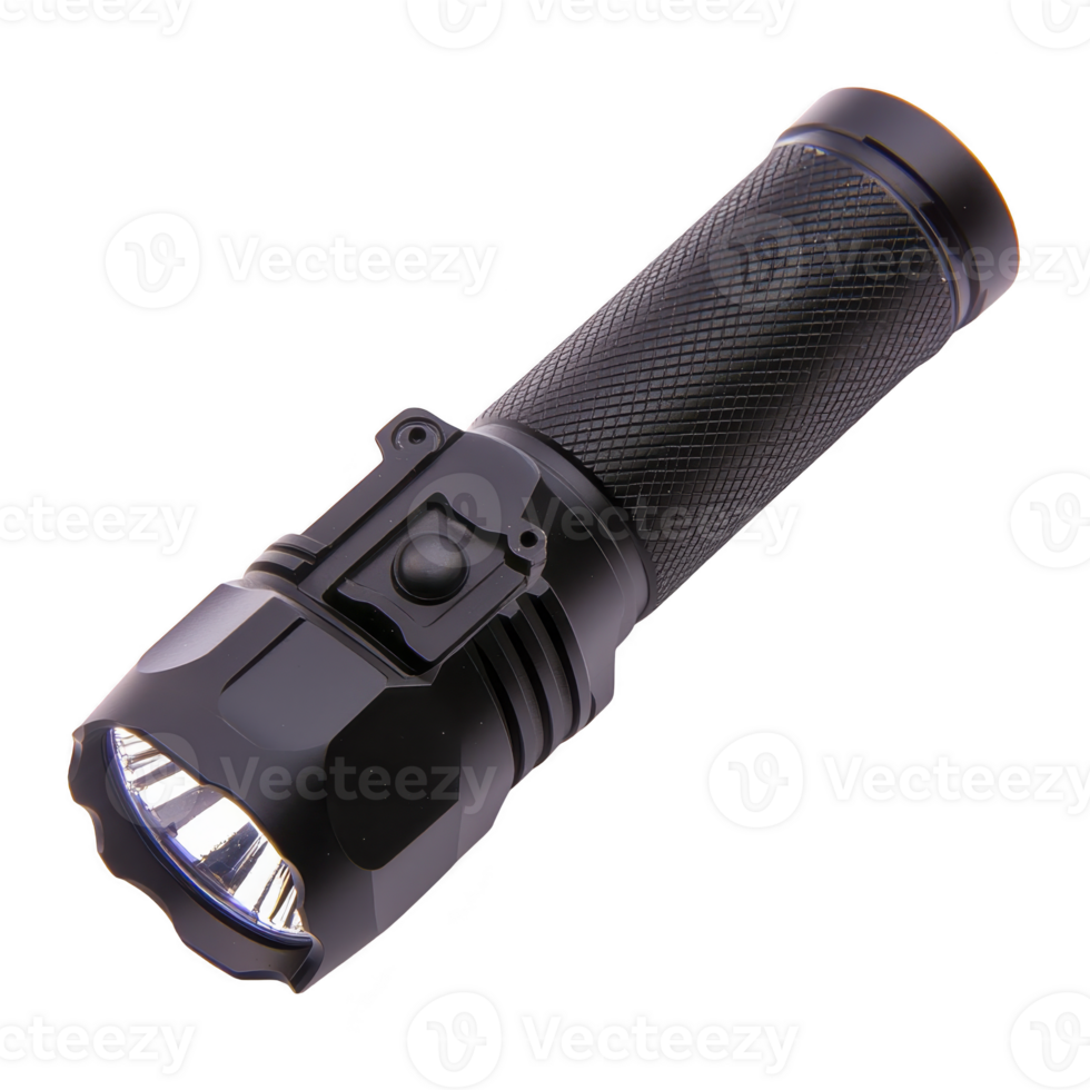black tactical flashlight with textured grip and powerful LED bulb, designed for outdoor use and emergency situations. Its durable construction ensures reliability in various conditions png