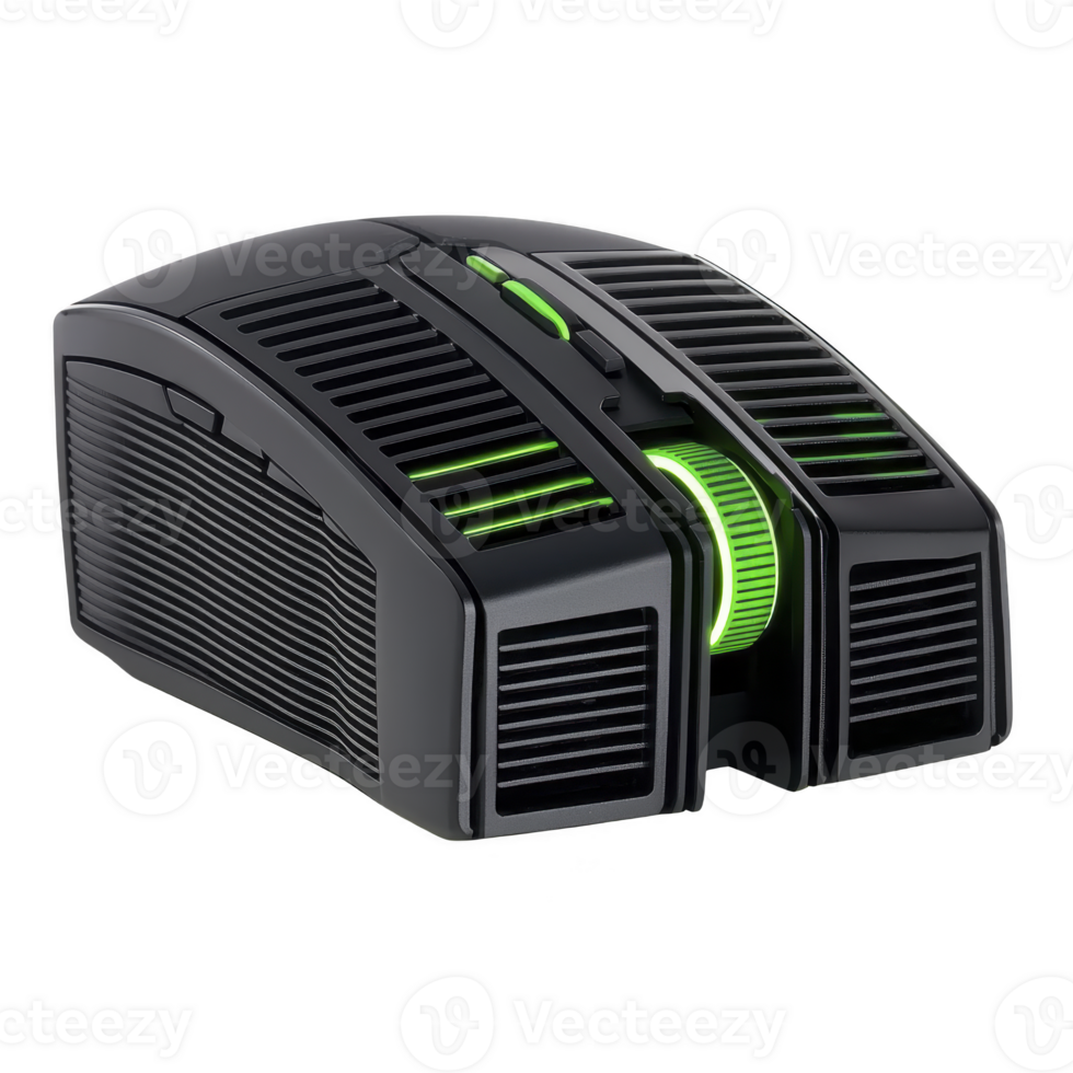 sleek black gaming mouse with green LED lights, featuring futuristic design and ergonomic shape. mouse includes multiple buttons and textured grip for enhanced control png