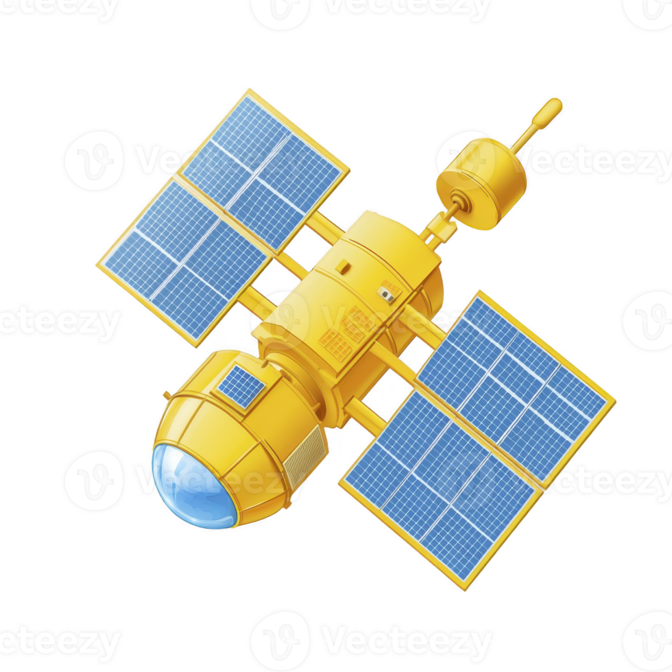 yellow satellite with blue solar panels and spherical camera lens or sensor is depicted, showcasing futuristic design. satellite appears to be in space, emphasizing technology and innovation png