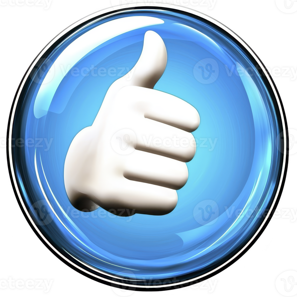 3D rendered thumbs up icon with glossy blue circular background, symbolizing approval or positivity. hand is white, and design is modern and vibrant png