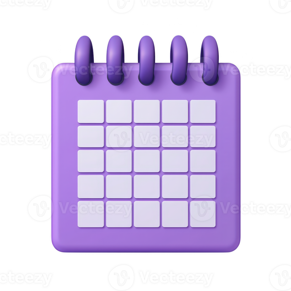 3D illustration of purple calendar with spiral binding and grid layout, symbolizing organization and planning. vibrant color adds modern and playful touch png