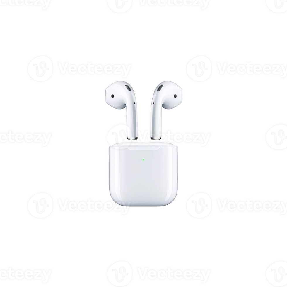 Wireless earbuds with sleek white design are shown with charging case, featuring minimalist aesthetic and LED indicator. Perfect for music lovers on go png