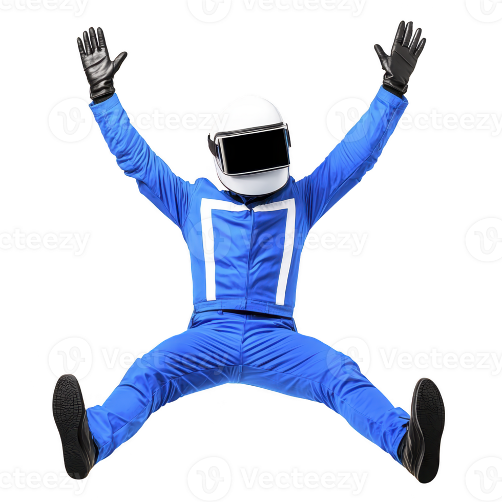 person in blue racing suit and helmet is jumping with arms raised, expressing excitement. suit features white accents, and helmet has black visor. background is transparent png