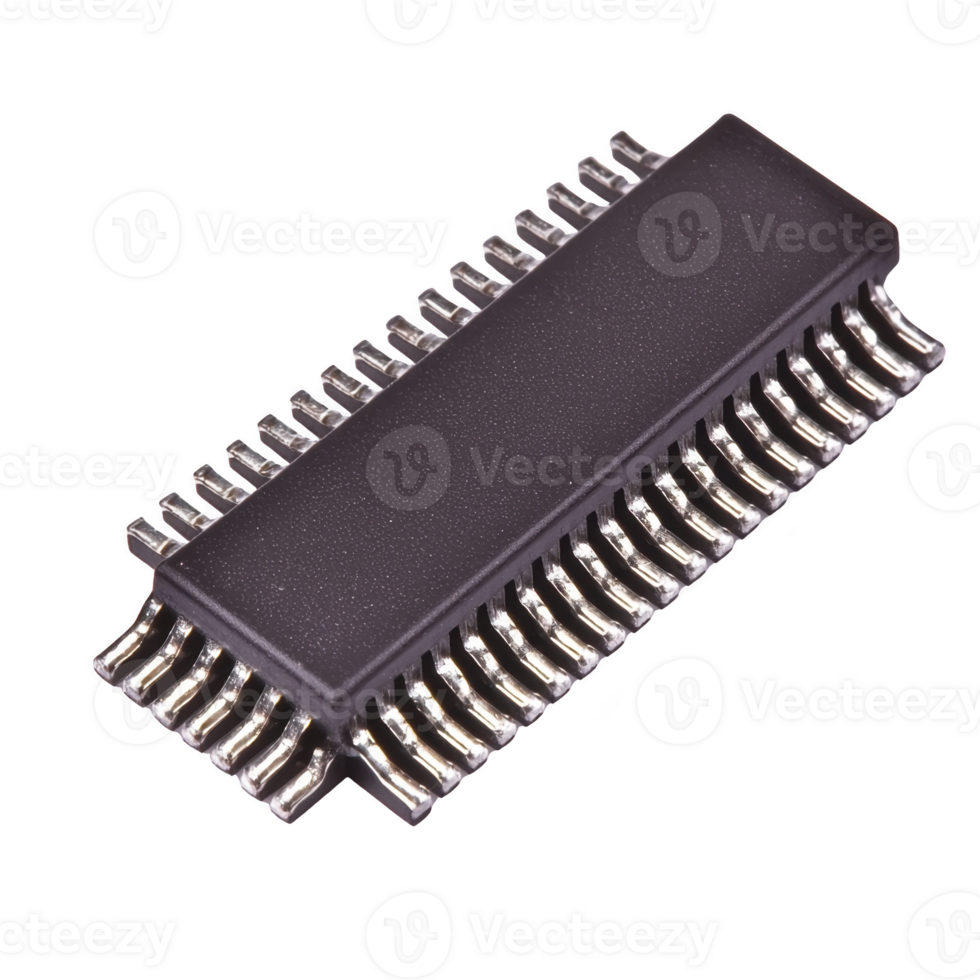 black integrated circuit chip with multiple metal pins is shown, used in electronic devices for processing. chip is rectangular and has sleek, modern design png