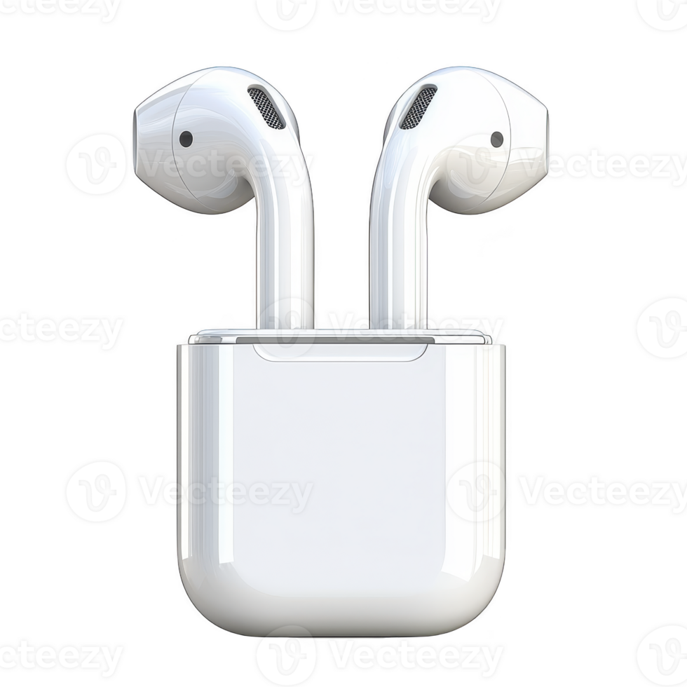 Wireless earbuds in sleek white charging case, showcasing modern design and technology for convenient audio experiences. Perfect for music lovers and tech enthusiasts png