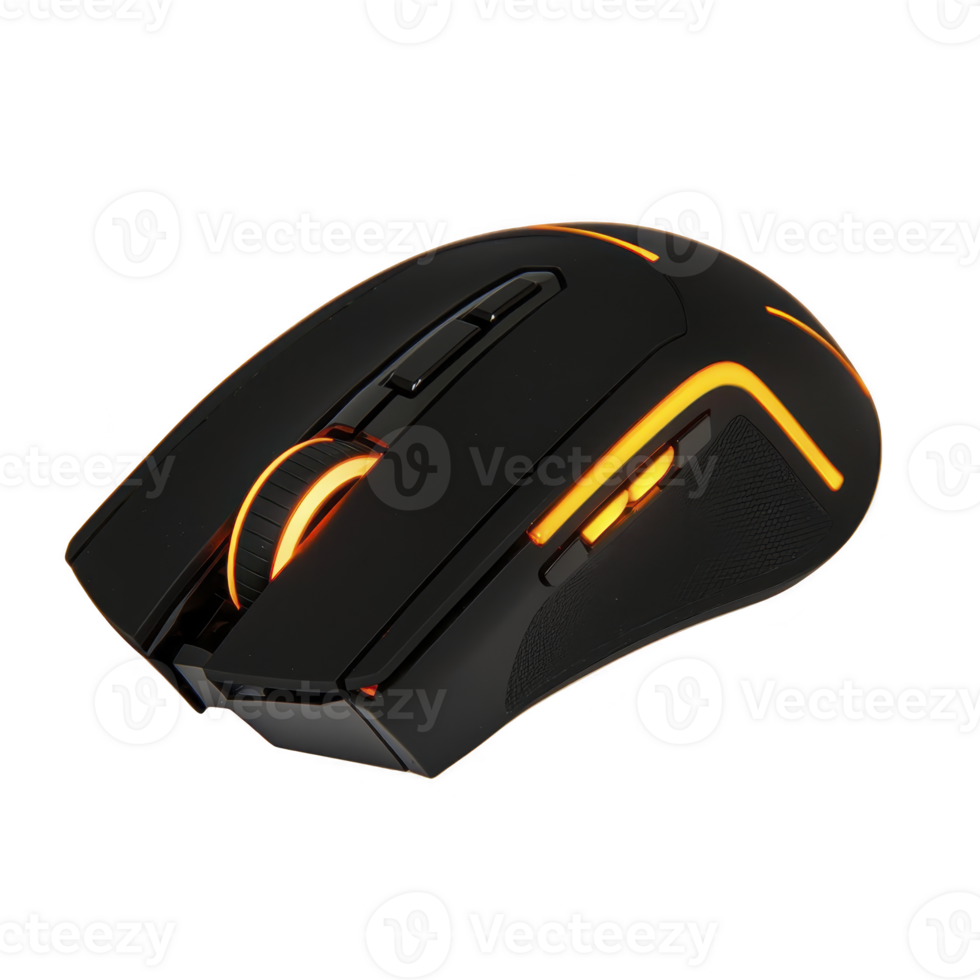 sleek black gaming mouse with vibrant orange LED lighting, featuring ergonomic design and multiple buttons for enhanced gaming performance png