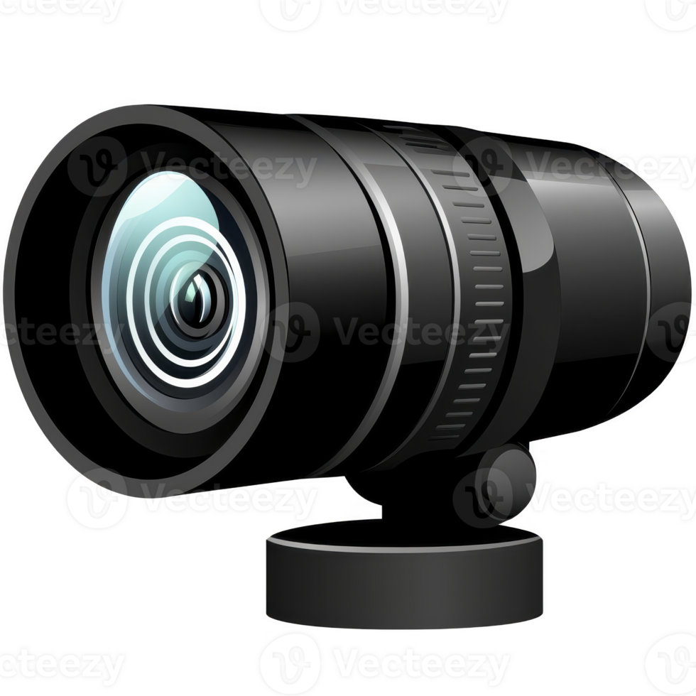 sleek black camera lens with shiny surface and intricate detailing, showcasing its modern design and functionality. lens is positioned at angle, highlighting its curvature and precision png