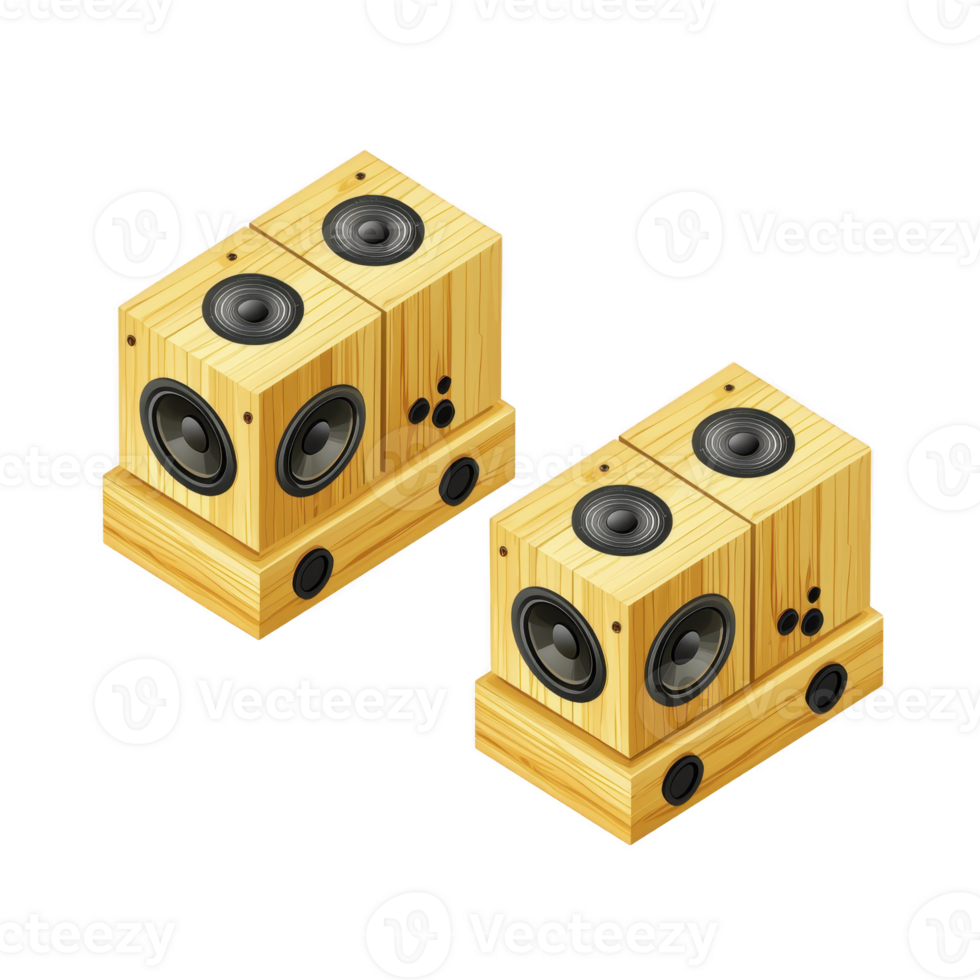 Wooden speakers with modern design, featuring multiple drivers and natural finish, are arranged in pair. speakers have sleek, rectangular shape and are ideal for enhancing audio experiences png