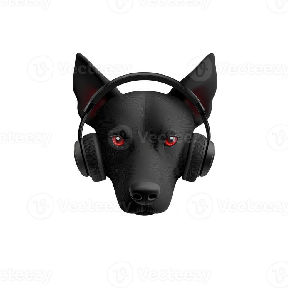 stylized black wolf with red eyes wears headphones, creating modern and edgy design. illustration combines elements of wildlife and technology, evoking sense of mystery and intrigue png