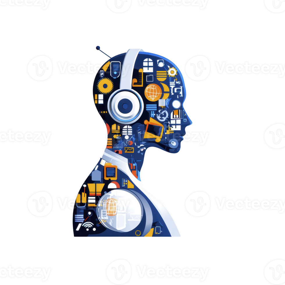 digital illustration of human profile filled with technology icons, including gears, headphones, and network symbols, representing artificial intelligence and connectivity png