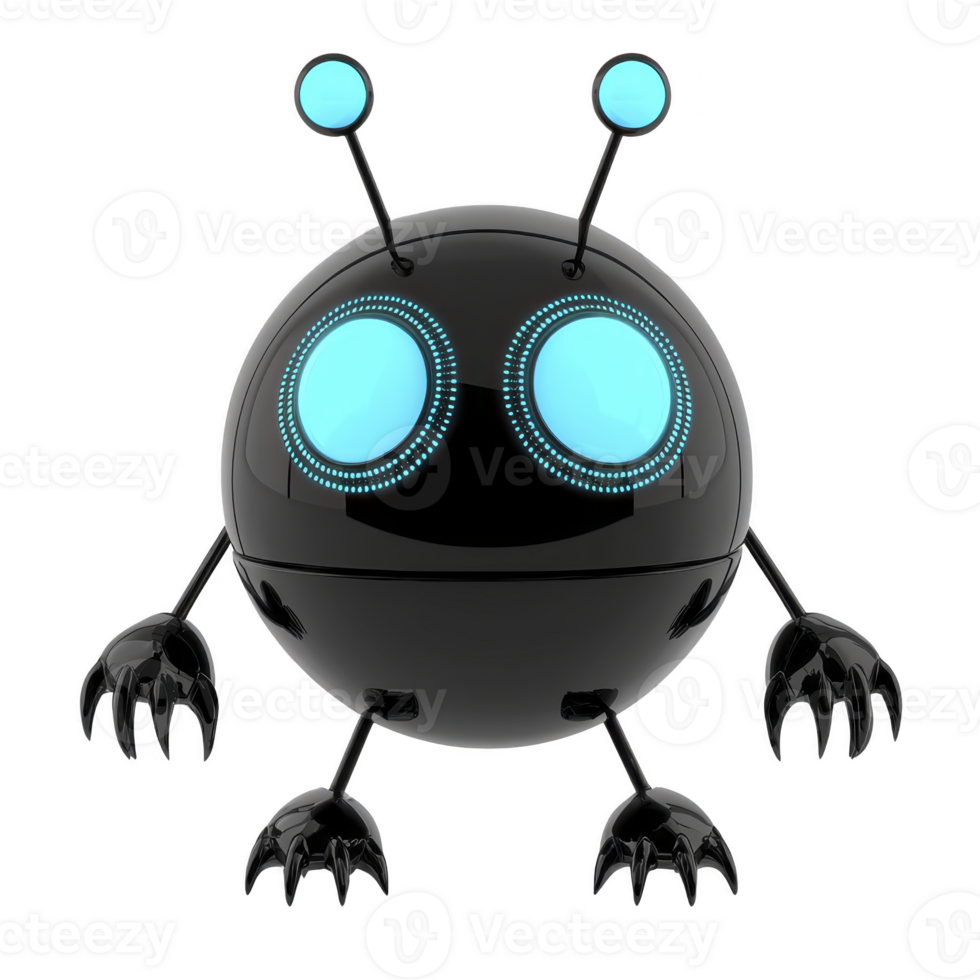 cute, round black robot with glowing blue eyes and antennae stands with claw like hands and feet, exuding playful and futuristic vibe png