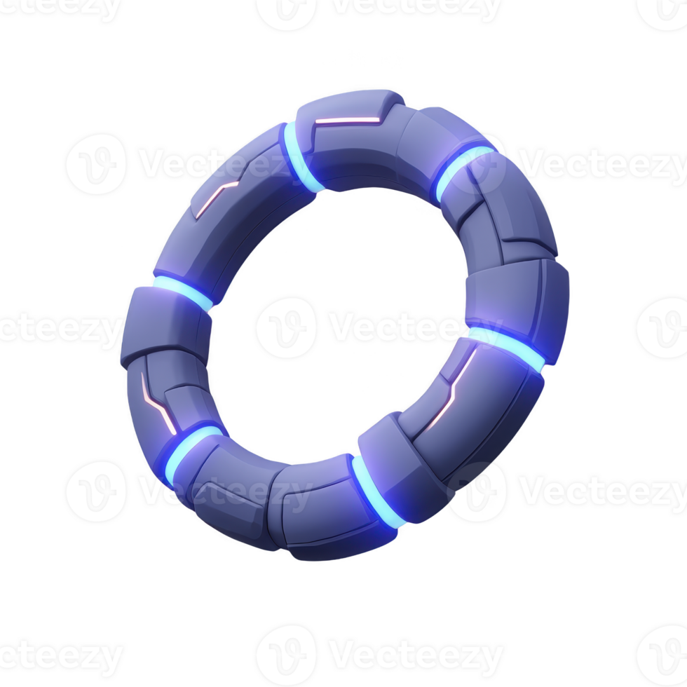 futuristic, glowing blue ring with segmented design and neon accents, evoking sense of advanced technology and innovation. sleek, circular form suggests sci fi theme png
