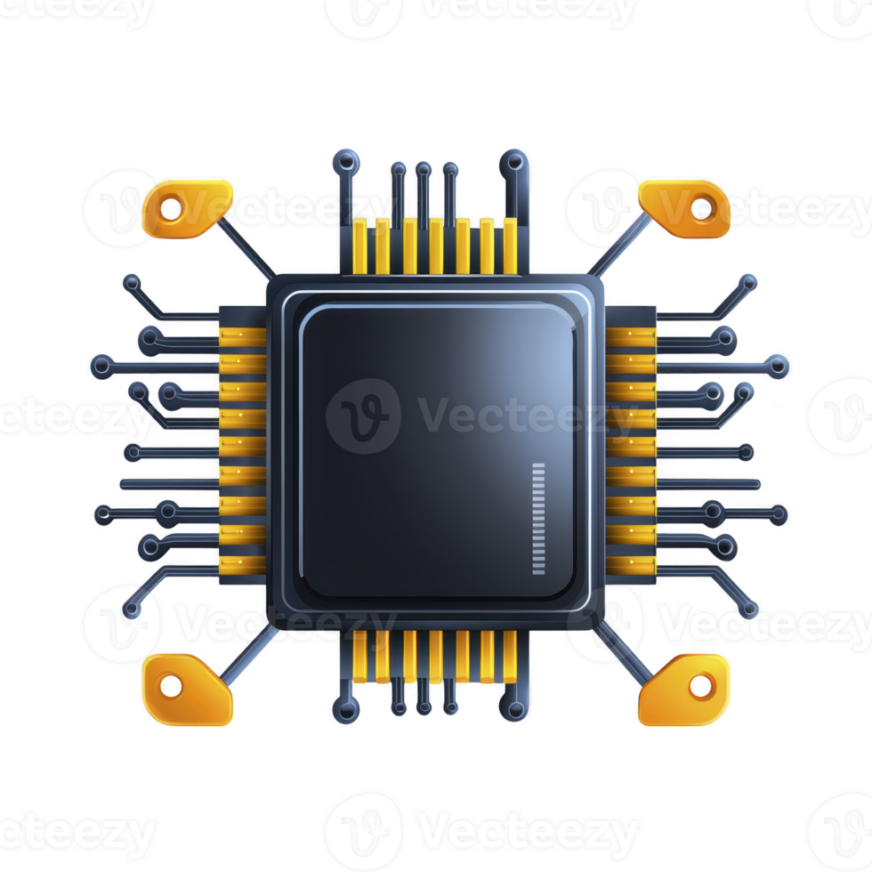 digital illustration of microchip with metallic and orange elements, showcasing intricate circuit details and futuristic design. image highlights technology and innovation png