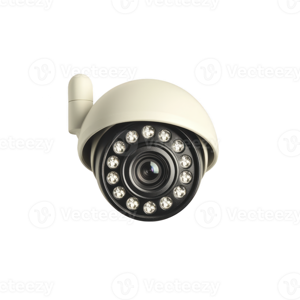 white security camera with infrared LEDs is designed for surveillance, featuring dome shape and wireless connectivity. It is suitable for both indoor and outdoor use png