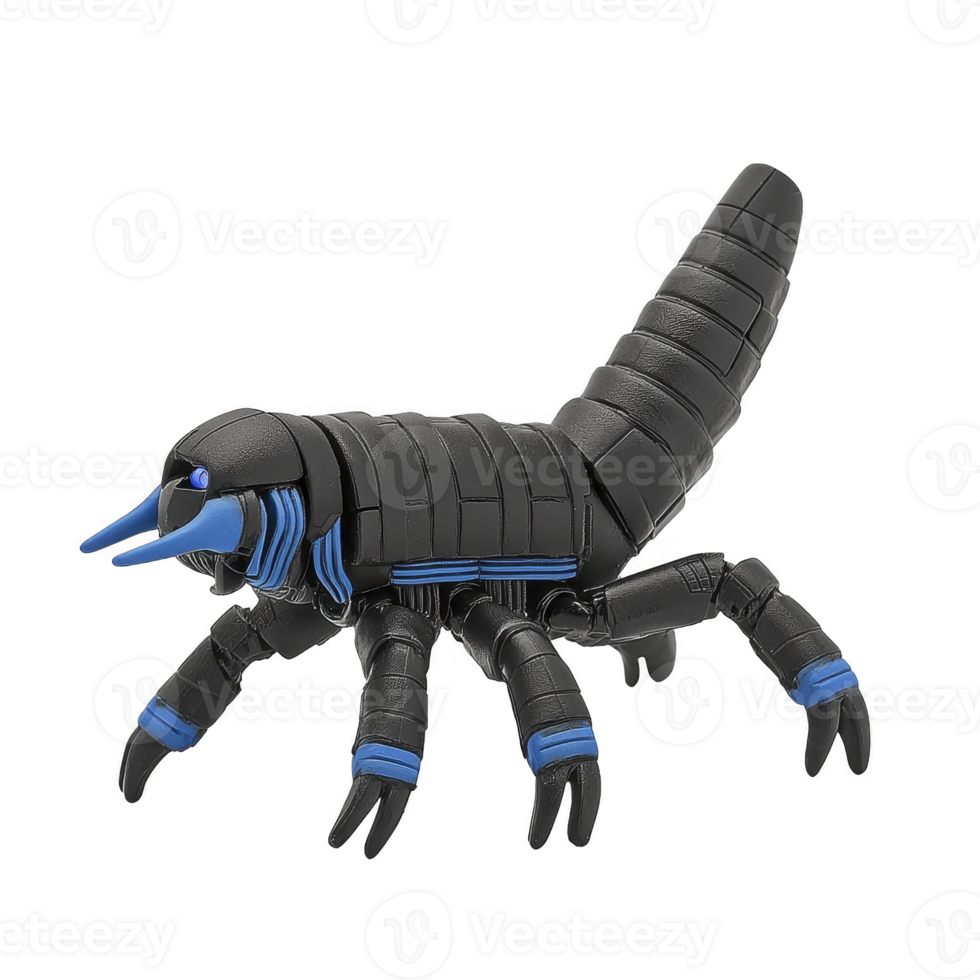 black and blue robotic scorpion toy with segmented body and articulated legs, showcasing futuristic design. toy vibrant colors and mechanical details create playful yet high tech appearance png