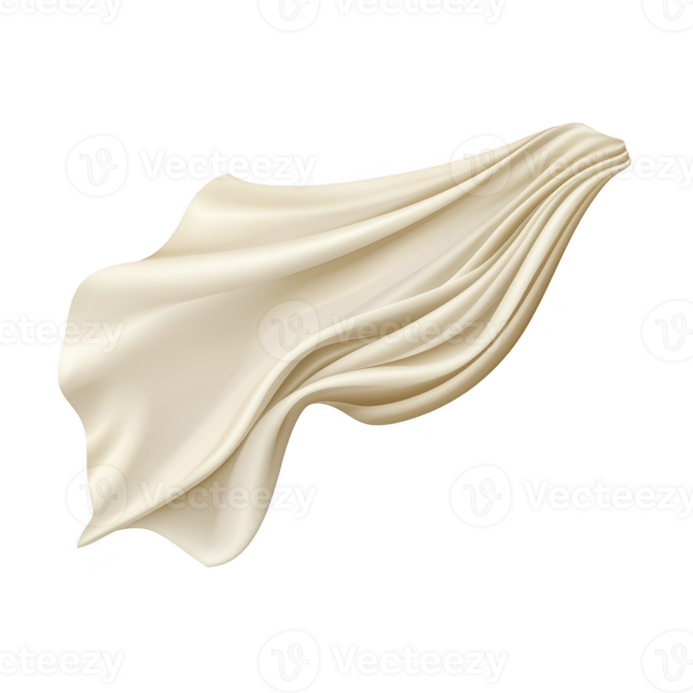 A flowing piece of cream colored fabric is elegantly draped, showcasing its smooth texture and soft folds against plain background. fabric appears weightless, creating sense of movement and grace png