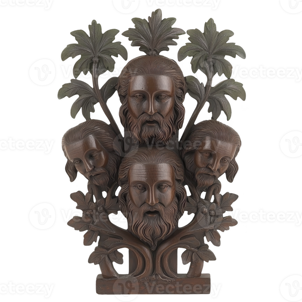 A detailed wooden sculpture features four bearded faces surrounded by intricate leaf patterns, showcasing skilled craftsmanship and artistic expression. piece combines natural elements with human png