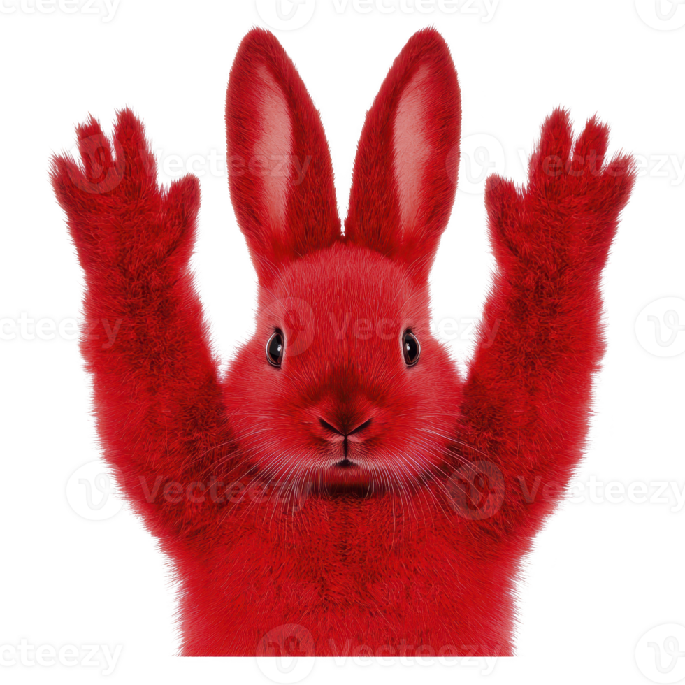 A vibrant red rabbit with its paws raised, showcasing its fluffy fur and playful expression. bright color and lively pose create whimsical and eye catching image png