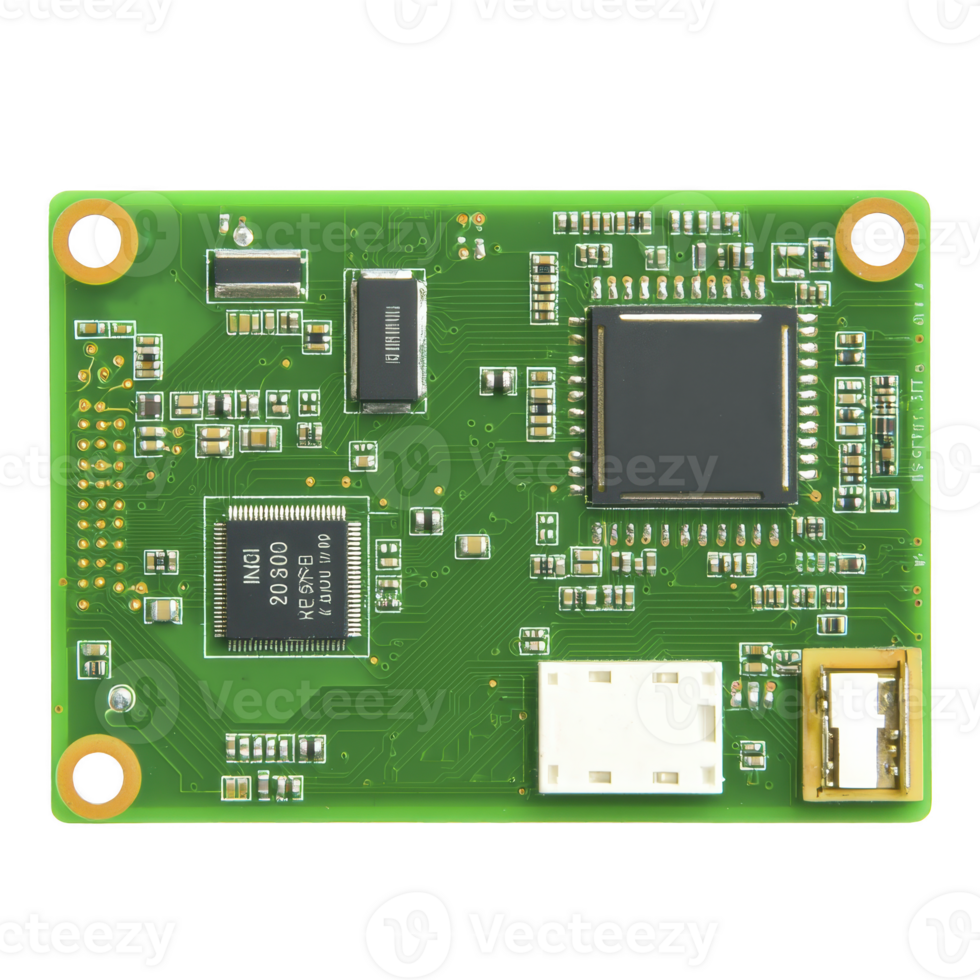 green circuit board with various electronic components, including microchips and connectors, is shown. board features compact design with focus on connectivity and processing capabilities png