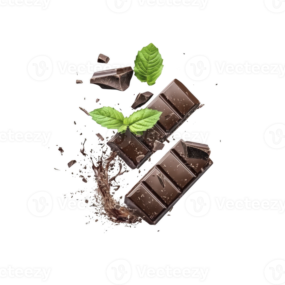 A Rich dark chocolate bars with mint leaves and cocoa powder splash, creating dynamic and indulgent composition png
