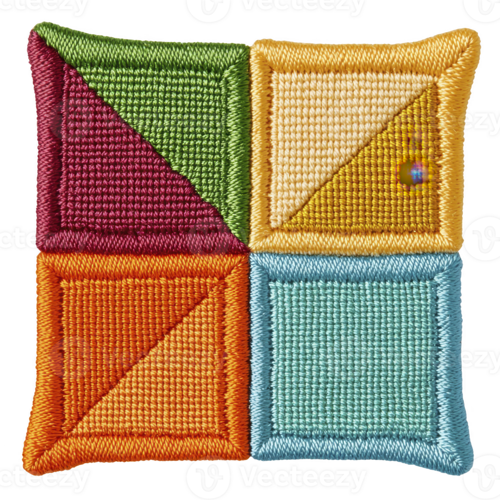 A This features colorful, embroidered patch with geometric design, showcasing four squares in red, green, yellow, and blue, each with unique texture and small decorative element png