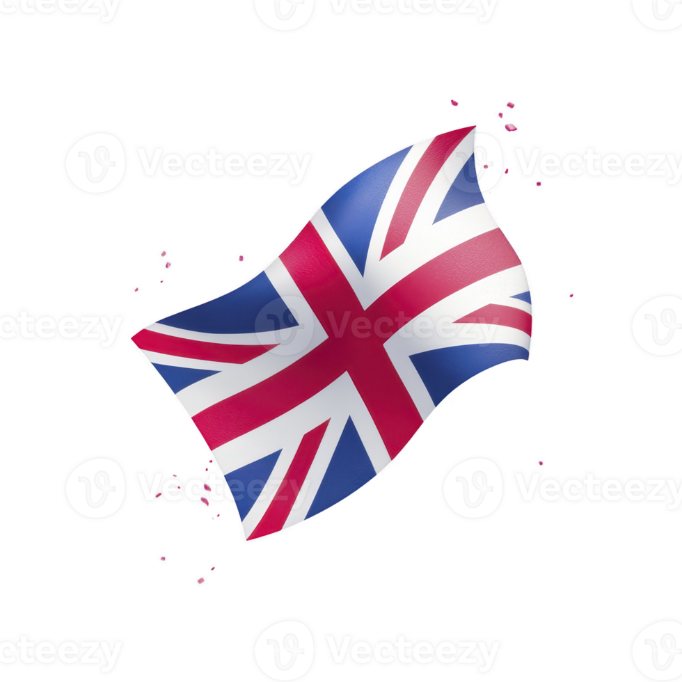 An image shows waving United Kingdom flag with glossy finish, featuring iconic red, white, and blue colors. flag is isolated on transparency background, emphasizing its vibrant design png