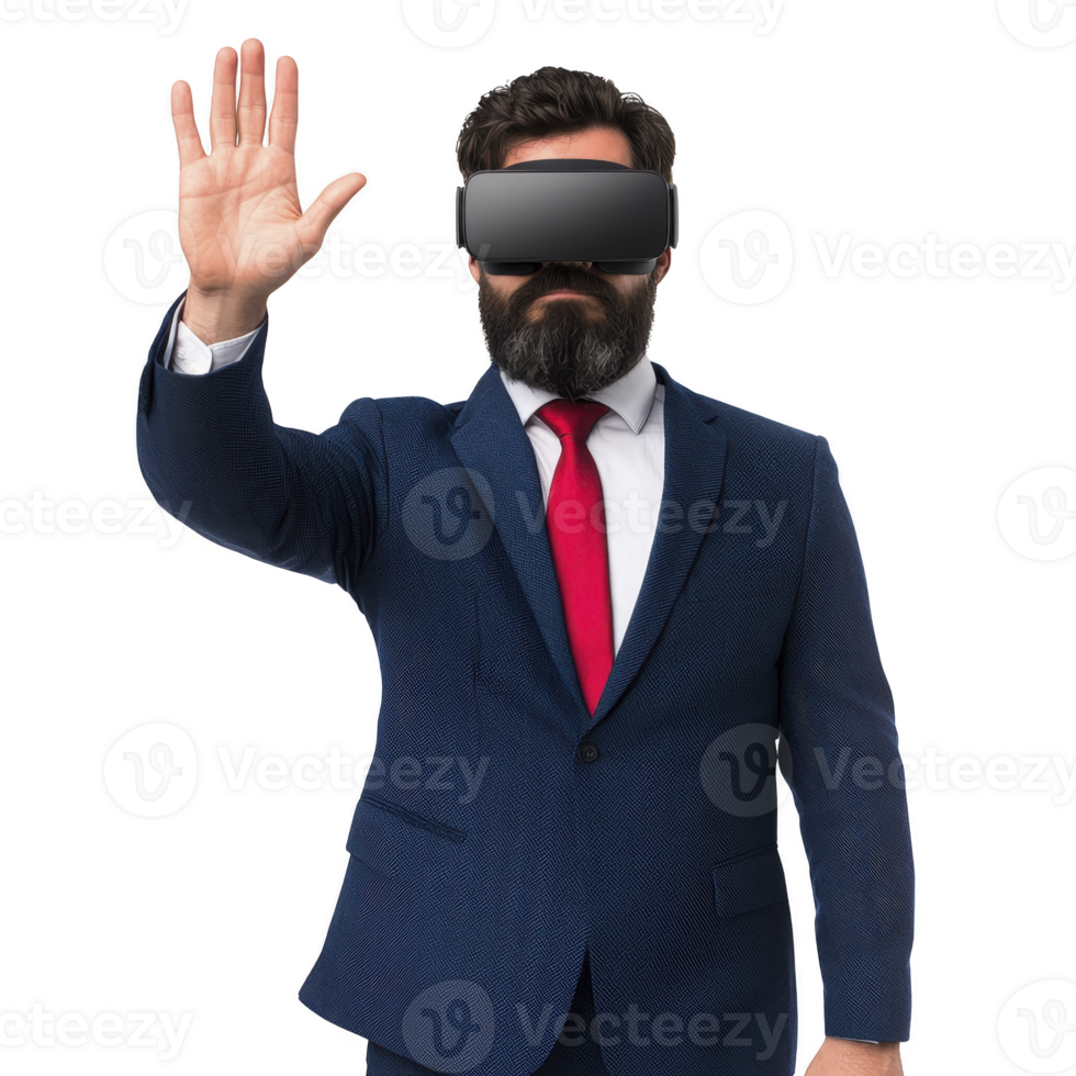 man in suit wearing virtual reality goggles raises his hand, appearing engaged and focused. formal attire contrasts with futuristic technology, creating dynamic and intriguing scene png