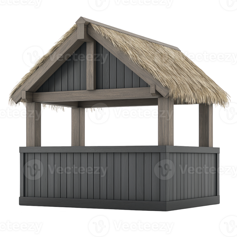 A rustic wooden tiki bar with thatched roof, perfect for outdoor gatherings and tropical themed events. structure features dark wood panels and natural straw roof, evoking beachside ambiance png